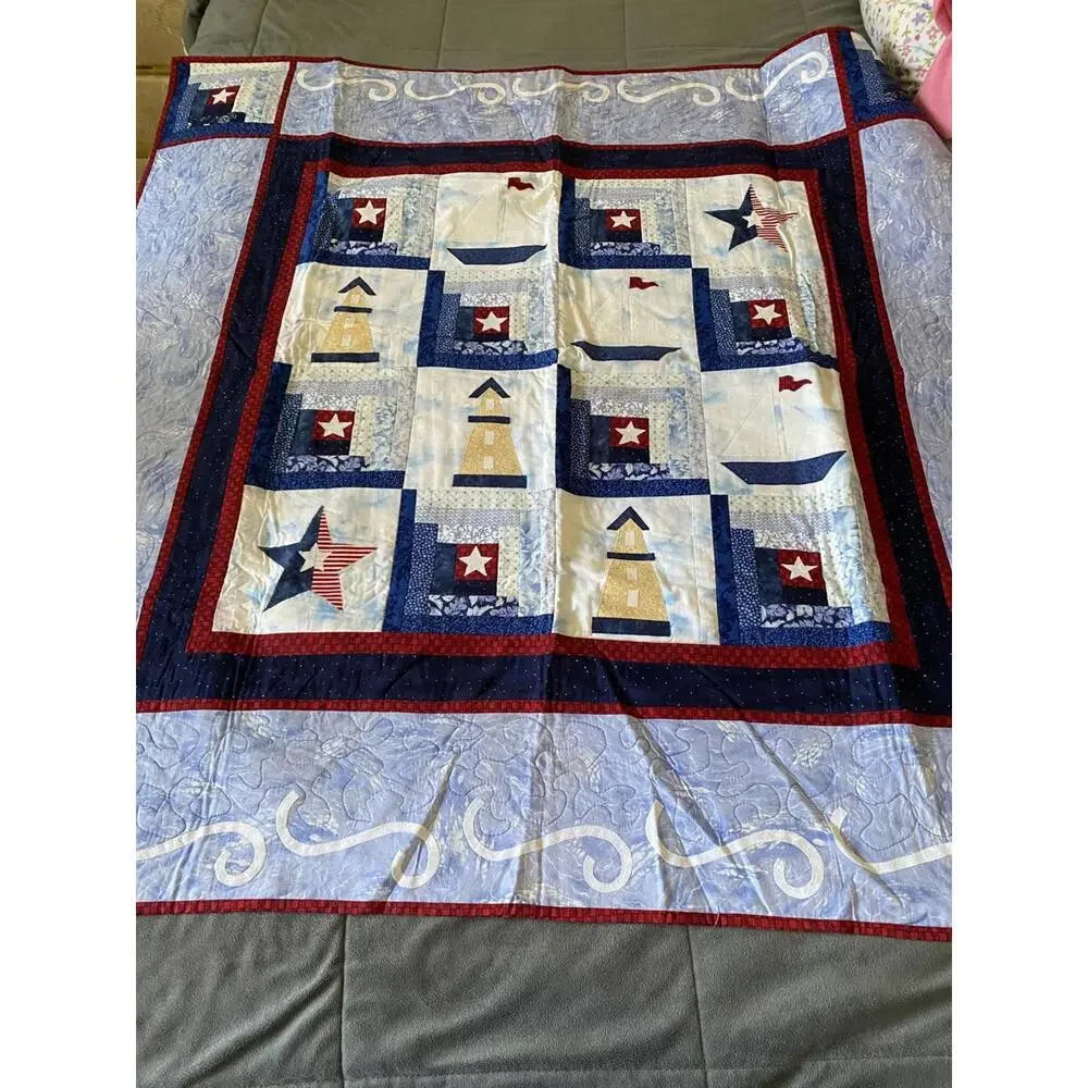 Seaside Nautical Themed Quilt with Lighthouse and Star Patterns